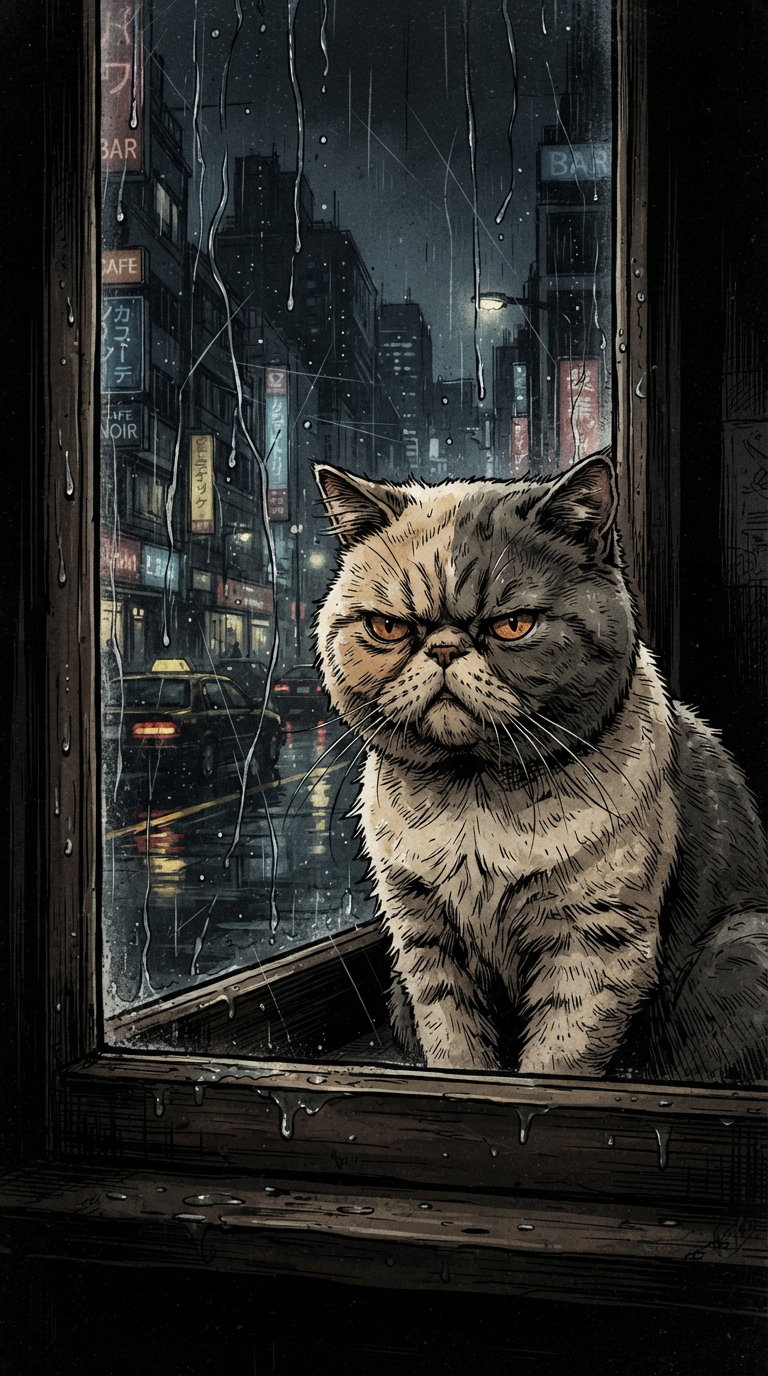A grumpy cat with distinct markings looking out a rain-soaked window towards a rainy urban landscape filled with neon lights.