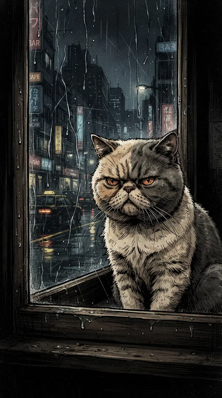 A Grumpy Cat Observing a Rainy Urban Night Scene