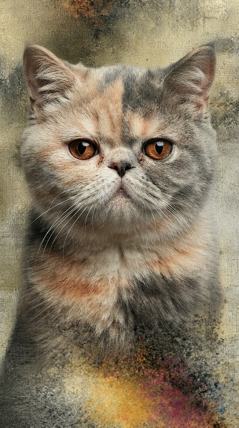 A close-up portrait of a Persian cat featuring a blend of gray and orange fur, with striking orange eyes, against a textured, abstract background.