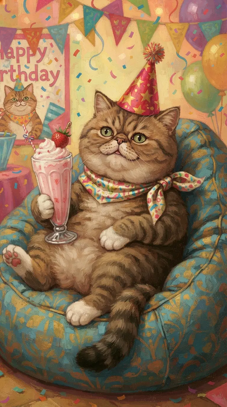 A Celebration with a Plush Cat Enjoying a Birthday Treat