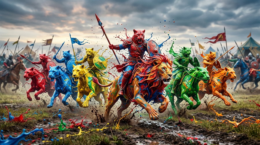 A fantastical scene depicting colorful warriors riding vibrant, painted lions, with splashes of paint and a chaotic battlefield backdrop.