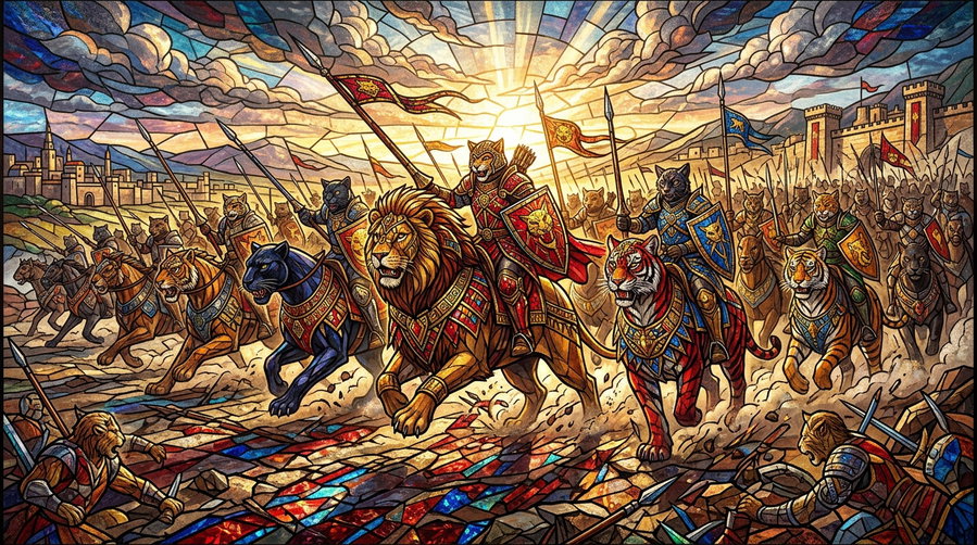 A vibrant stained glass artwork depicting colorful lions and cats in armor charging into battle, with a dramatic sky and a radiant sun in the background.