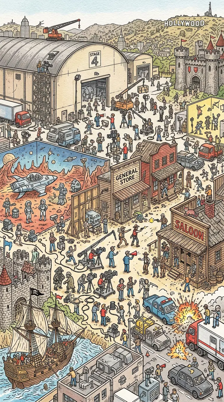 A Detailed Illustration of Various Themes and Settings in a Busy Town