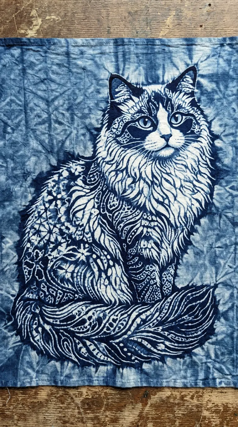 Detailed Fluffy Cat Artwork in Blue Tones