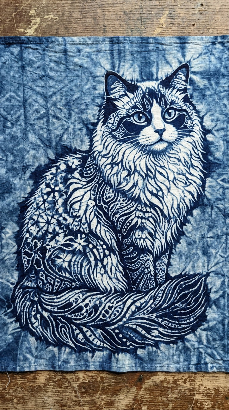 A hand-drawn artistic representation of a fluffy cat with intricate patterns in blue and white, sitting gracefully.