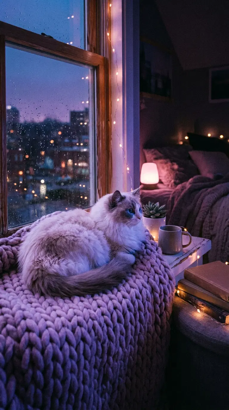 A tranquil evening with a cozy cat by the window