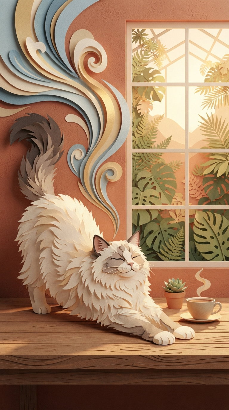 A fluffy cat stretches on a wooden table in a sunny room with plants and a window showcasing a natural landscape.