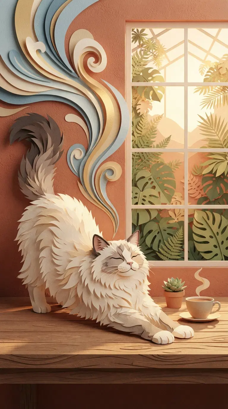 Whimsical Paper Art of a Relaxing Cat in a Garden Setting