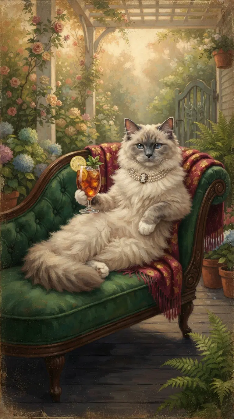 A Luxurious Siamese Cat Relaxing with a Drink in a Garden