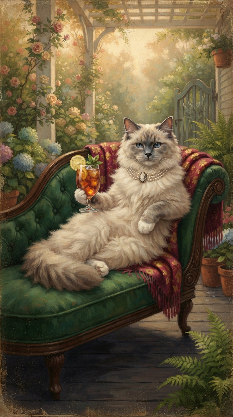 A fluffy Siamese cat lounging on a green couch, holding a drink, surrounded by flowers and greenery.