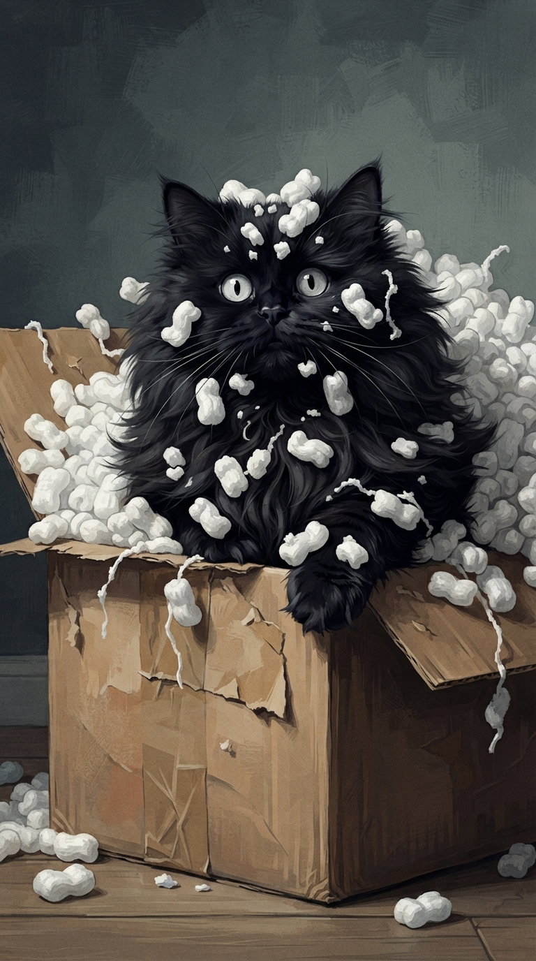 A fluffy black cat sits inside a cardboard box overflowing with white packing peanuts, with a surprised expression, against a plain background.