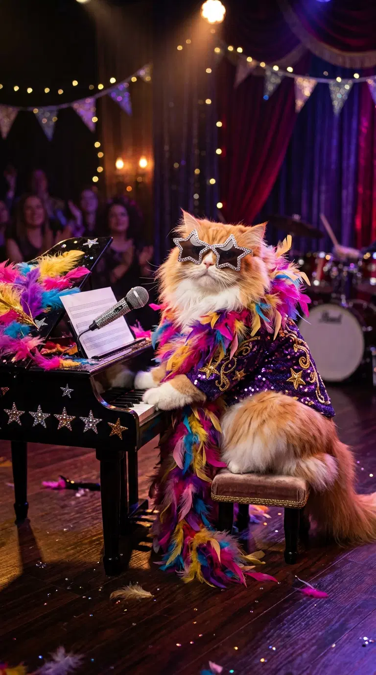 Cat Dressed As Performer at a Concert Playing Piano