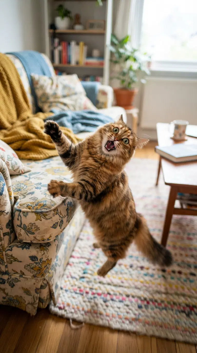 Playful Cat Leaping from Sofa in Cozy Living Room