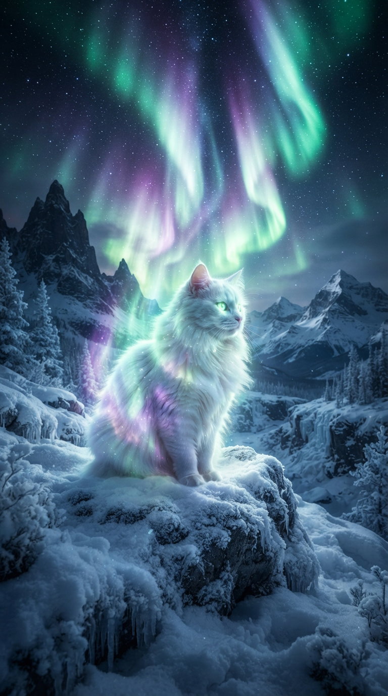 A majestic white cat sitting on a rocky outcrop with glowing northern lights above it, surrounded by snow-covered mountains and trees.