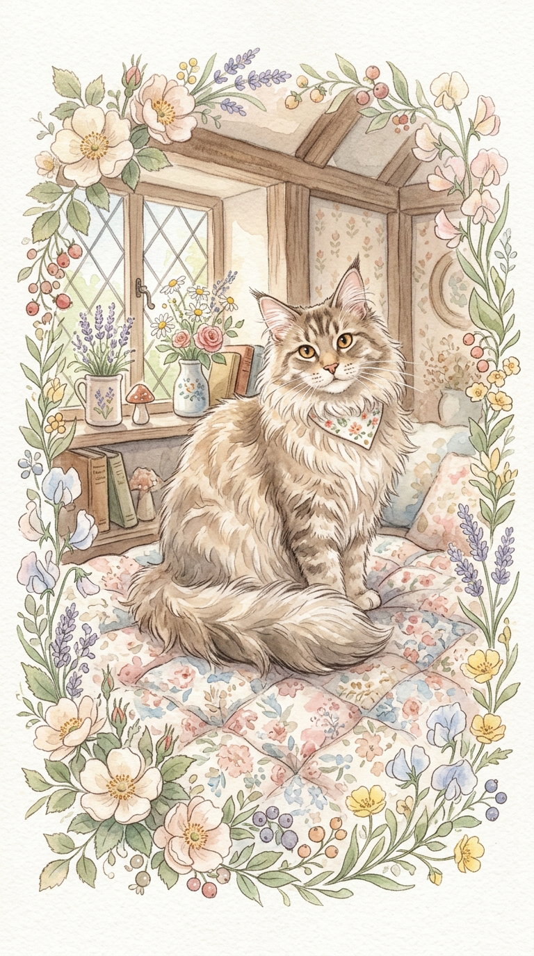 A fluffy light-colored cat sitting on a floral quilt with flowers and a cozy room background.