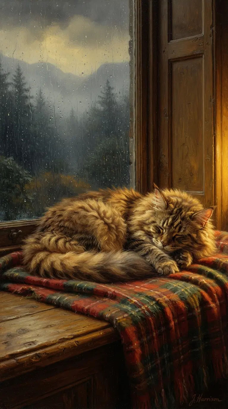 A Cozy Fluffy Cat Napping by the Window on a Rainy Day