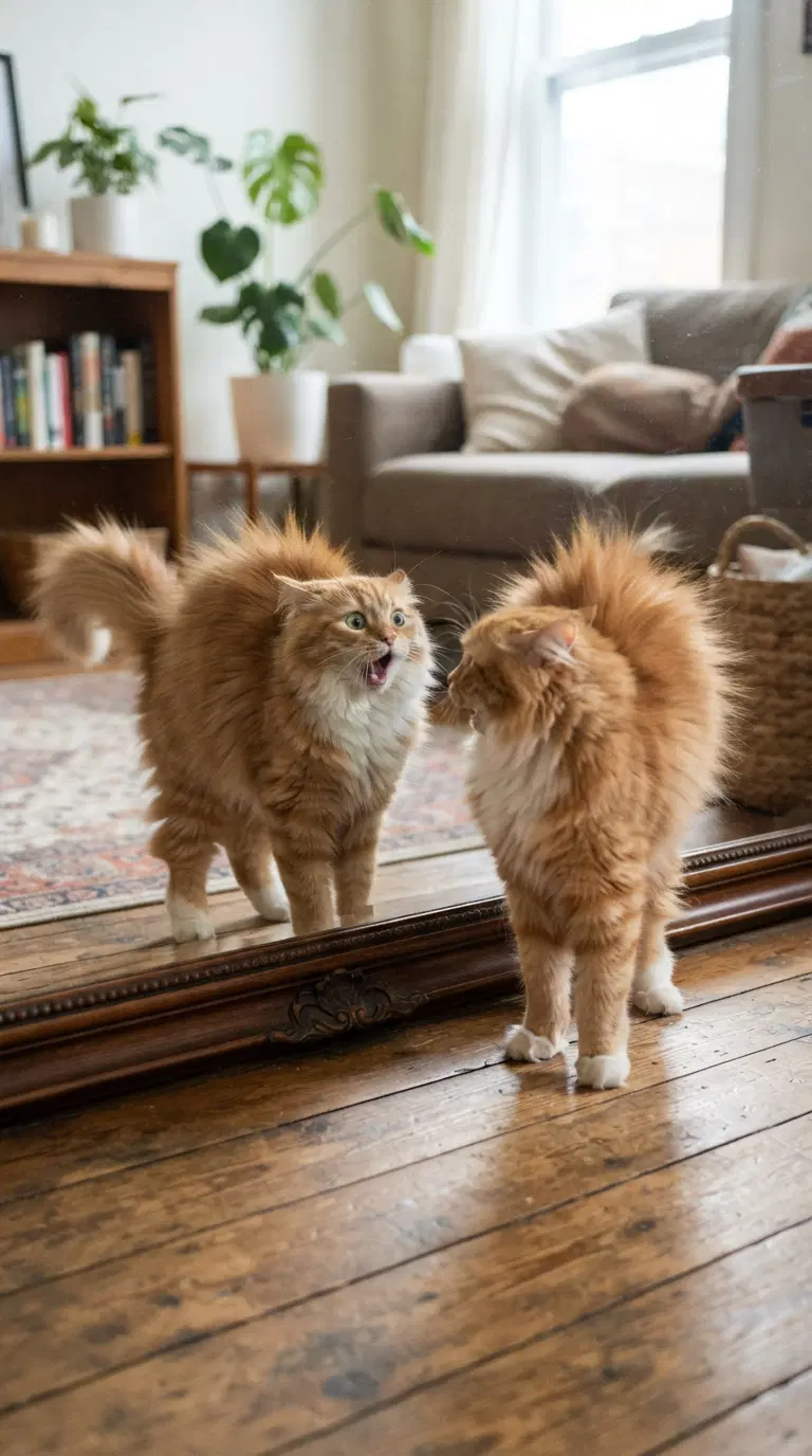 Playful Ginger Cat Reacting to Its Reflection in the Mirror