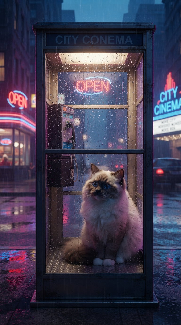 A fluffy cat sitting in a phone booth, illuminated by neon lights with rain.
