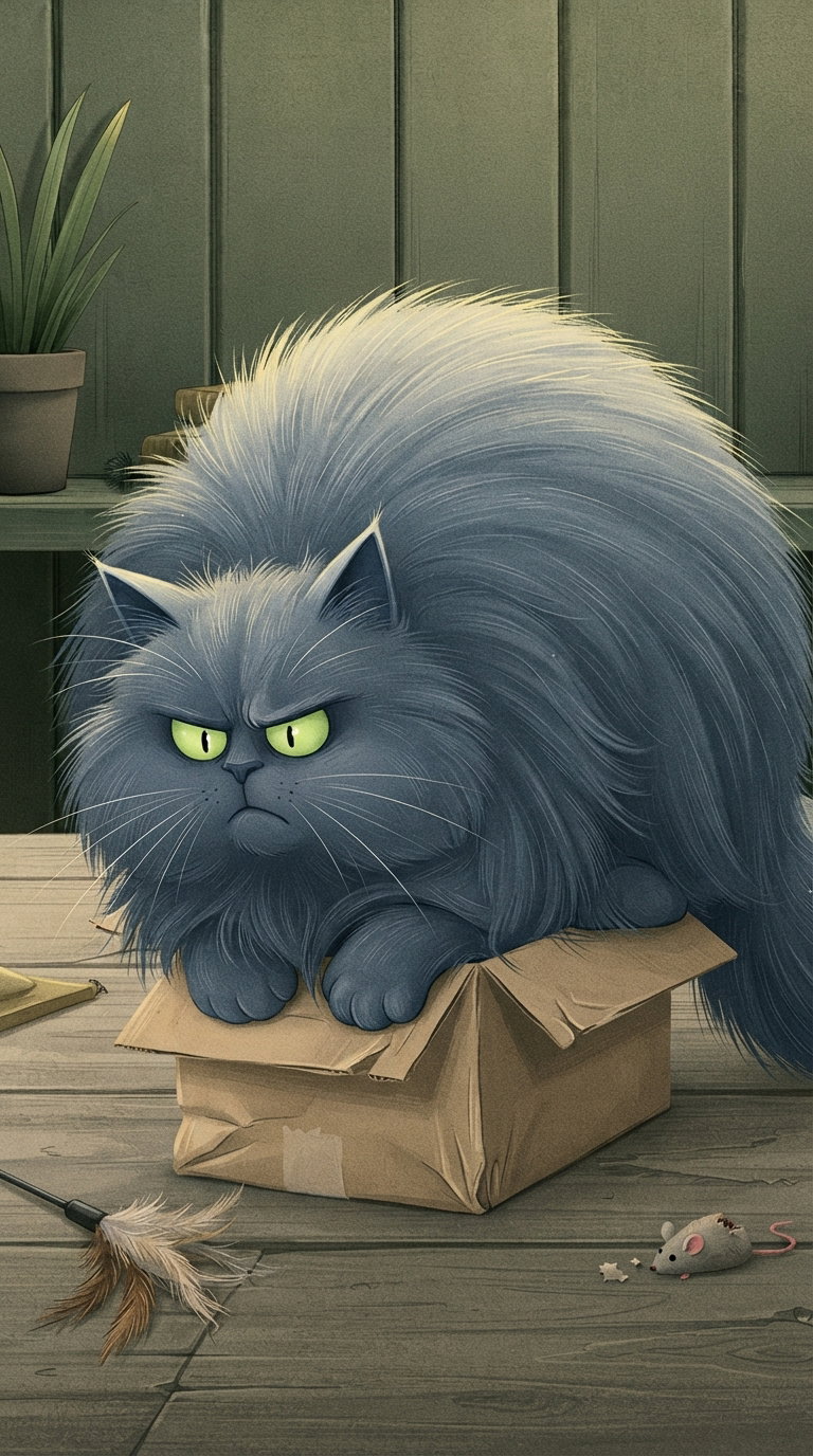 A fluffy gray cat with green eyes looking annoyed while sitting on a cardboard box, with a feather and a toy mouse nearby.