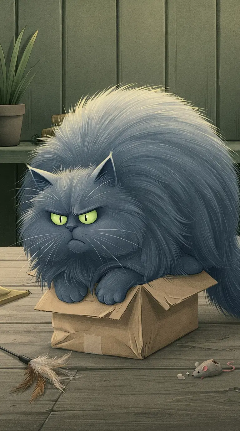 Fluffy Gray Cat Sitting on a Cardboard Box with a Grumpy Expression