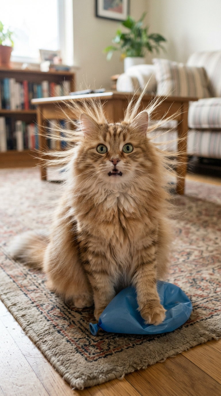 A fluffy orange cat with wide eyes sitting on a rug, playfully interacting with a blue balloon.