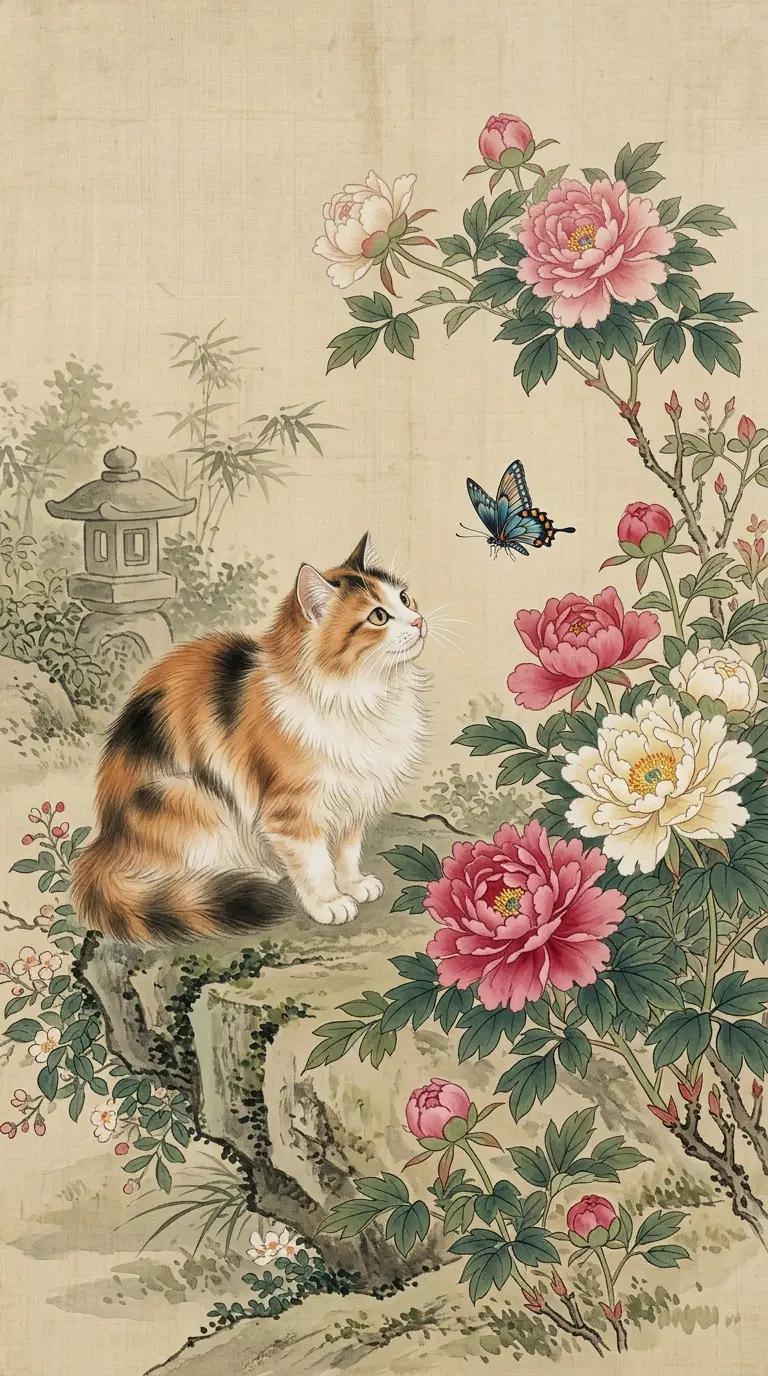 A Beautiful Cat Surrounded by Blossoms in Traditional Chinese Art