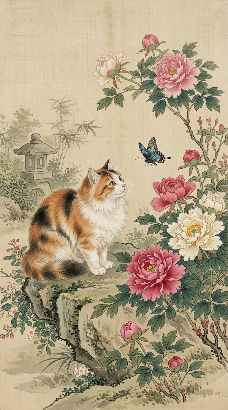 A calico cat sitting amidst blooming peonies and a butterfly, set in a serene natural landscape.