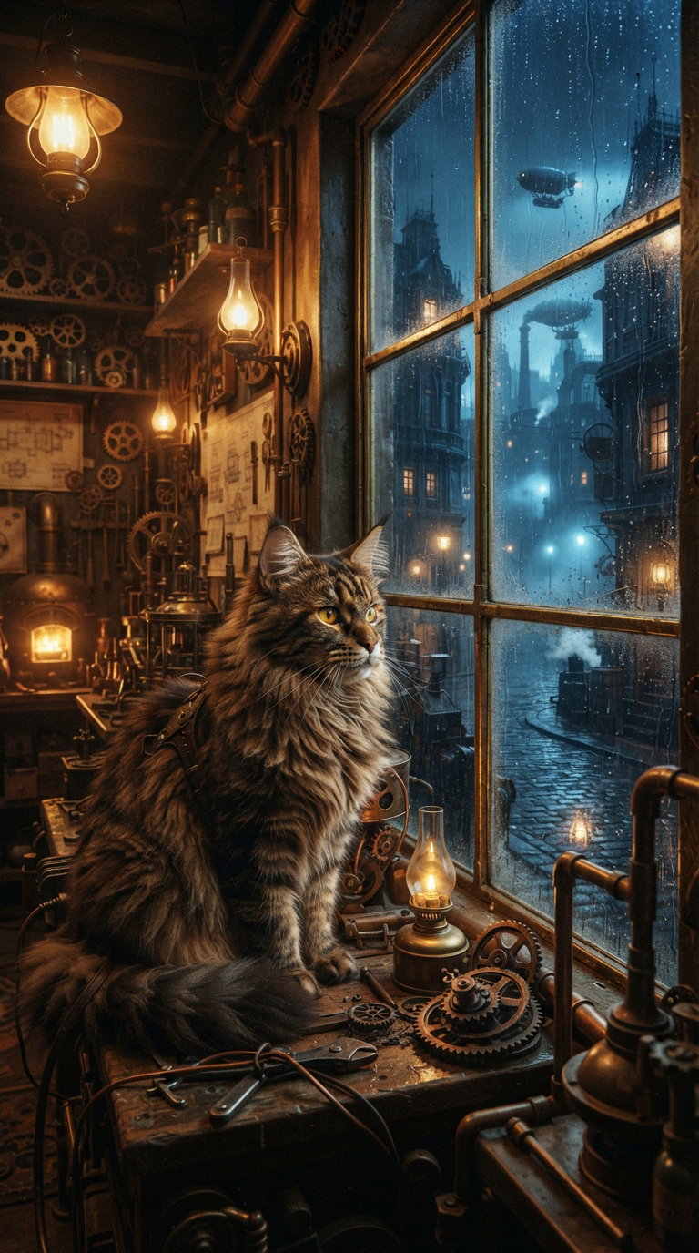 A fluffy cat with a decorative harness sits on a workbench looking out a rain-soaked window, surrounded by gears and lamps, in a steampunk-themed environment.