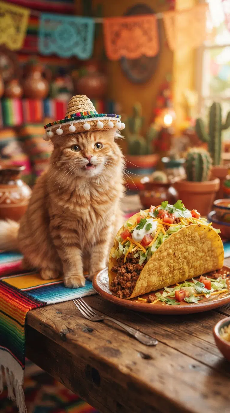 A Playful Orange Cat Enjoys a Colorful Taco Feast