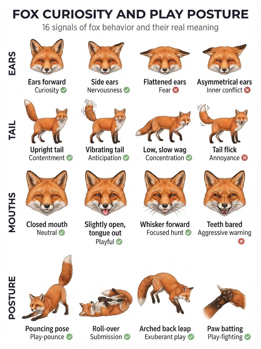 An infographic detailing 16 signals of fox behavior, including ears, tail, and mouth positions, with illustrations accompanying each signal.