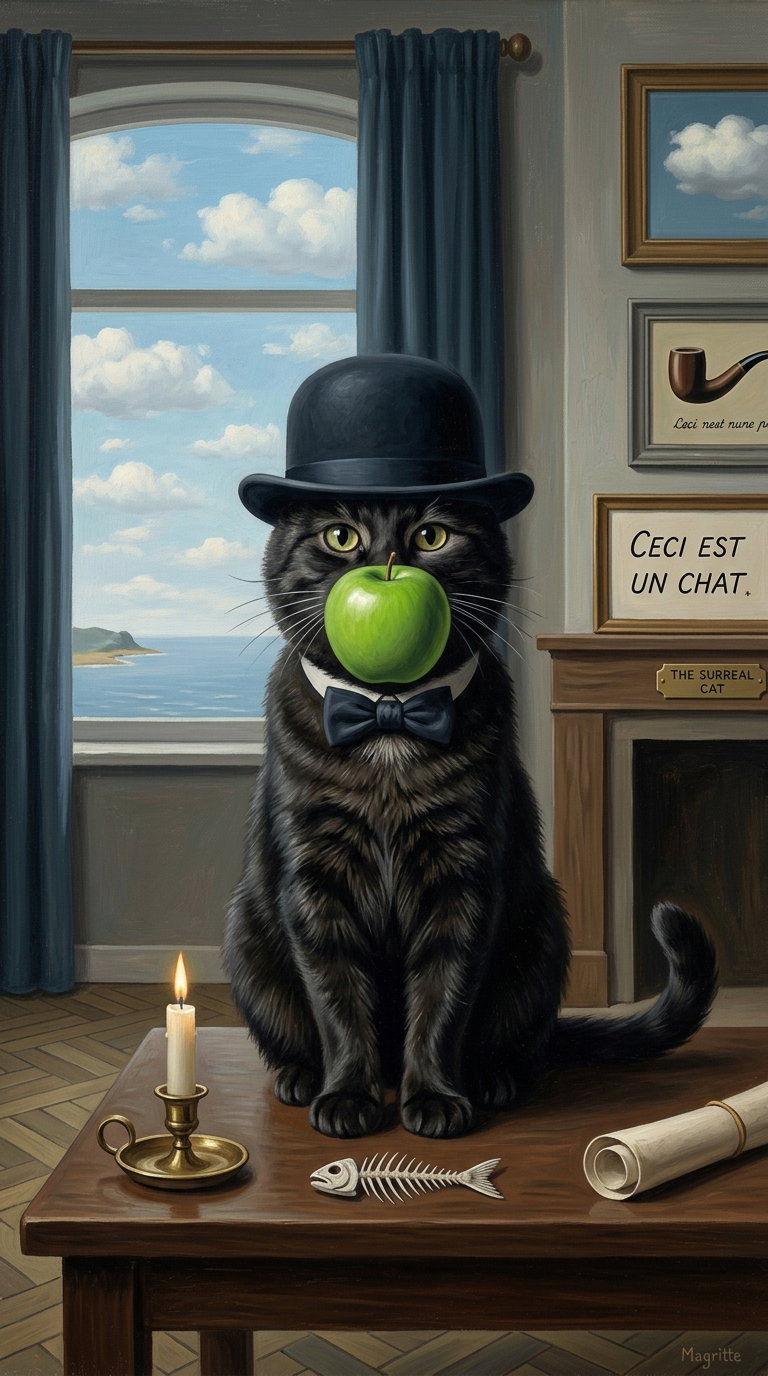 A black cat wearing a bowler hat and bow tie sits on a table, balancing a green apple on its mouth. The background features a coastal view through a window, a candle, a fish skeleton, and framed artworks with surreal themes.