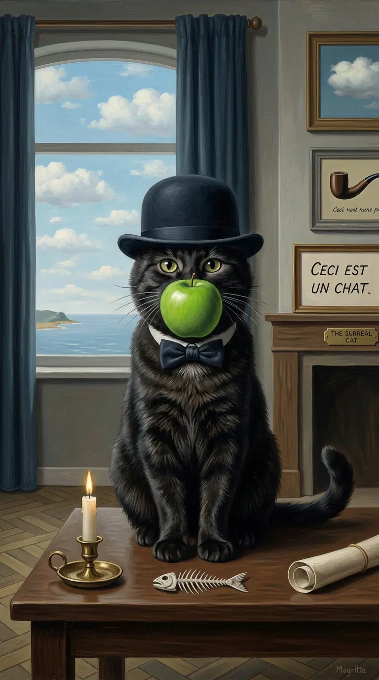 Elegant Black Cat with Apple in Surreal Setting