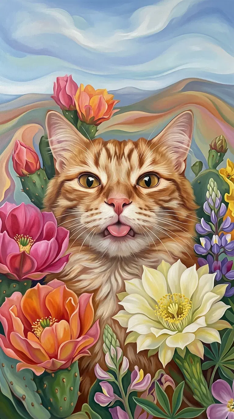 Ginger Cat Surrounded by Colorful Flowers in a Scenic Background