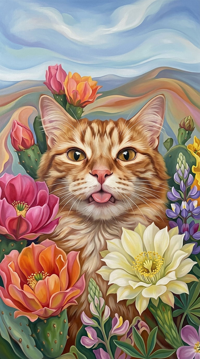 A vibrant painting of a ginger cat with its tongue out, surrounded by various colorful flowers and a scenic background of hills and clouds.