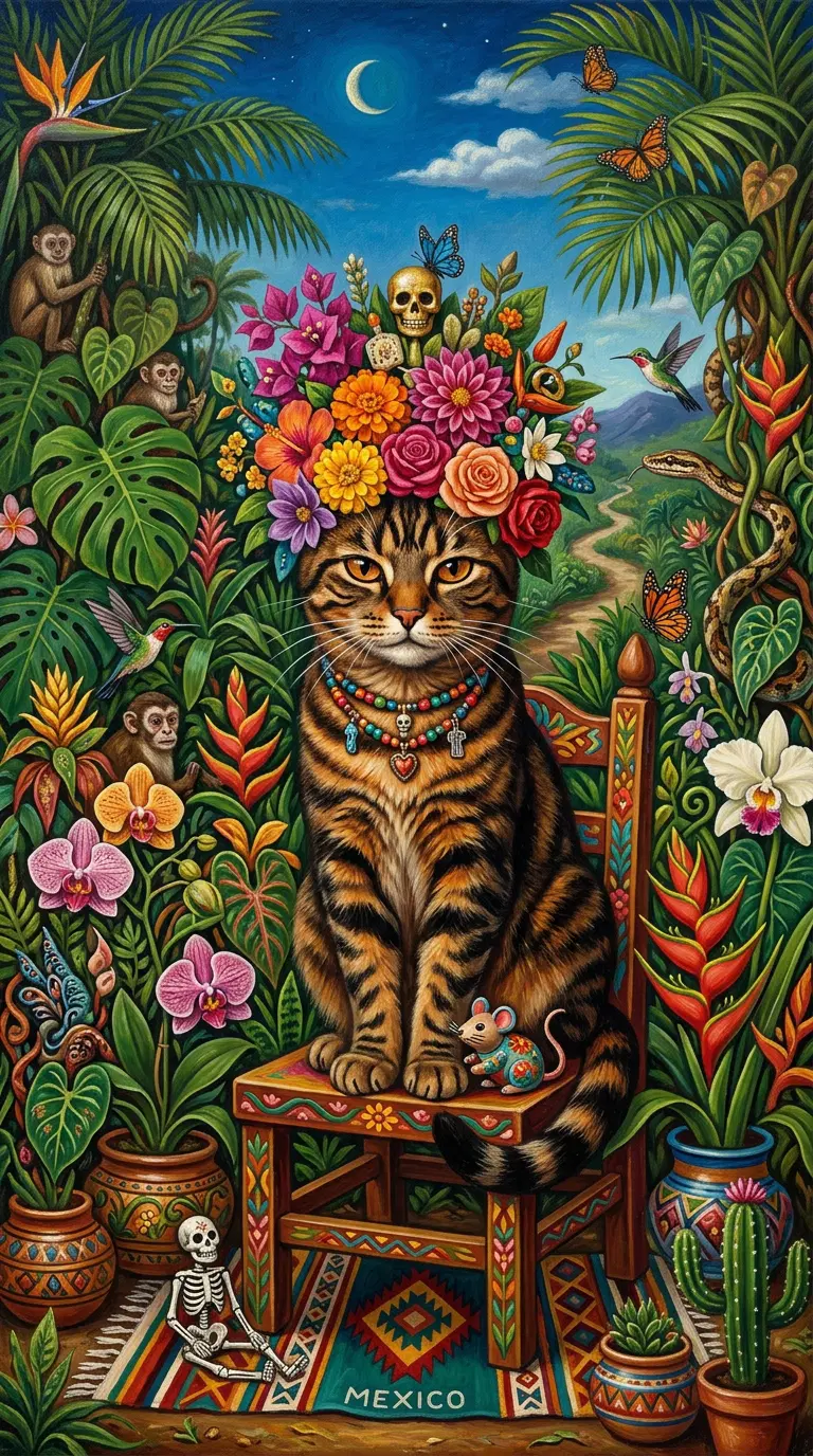 Colorful Illustrated Cat Surrounded by Tropical Plants and Flowers
