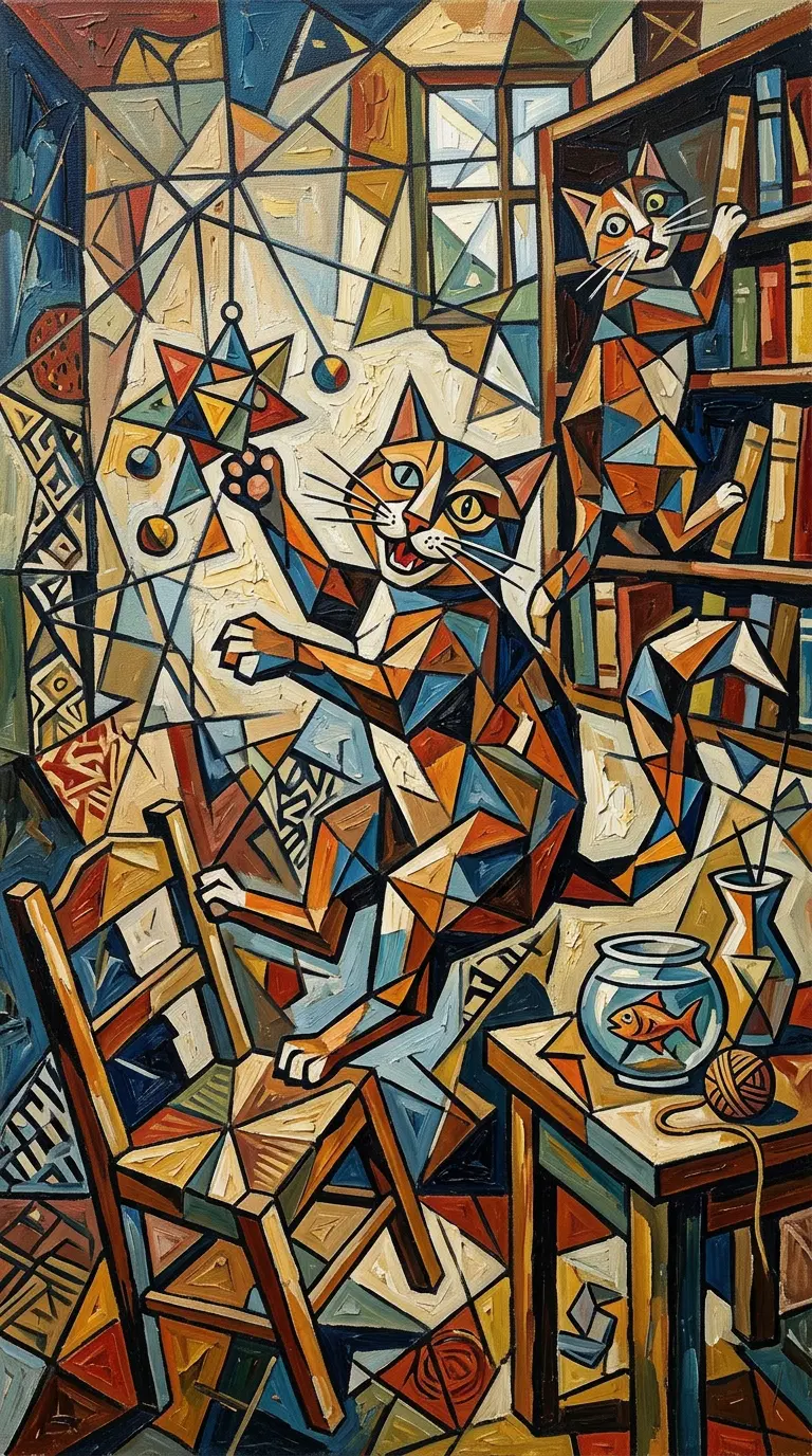 A Colorful Surreal Painting of Playful Cats in a Room