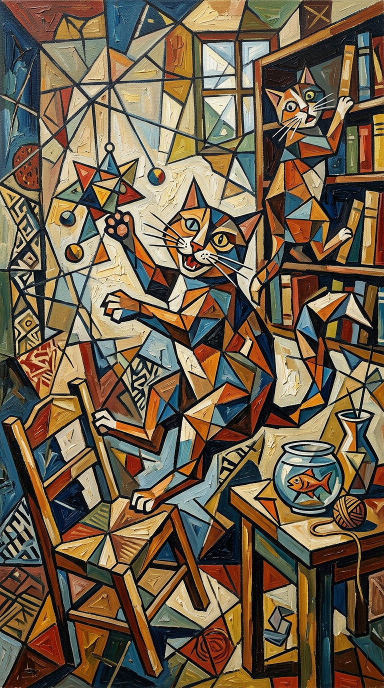 A surreal painting featuring two playful cats engaging with geometric shapes and a fish bowl in a colorful, abstract room.