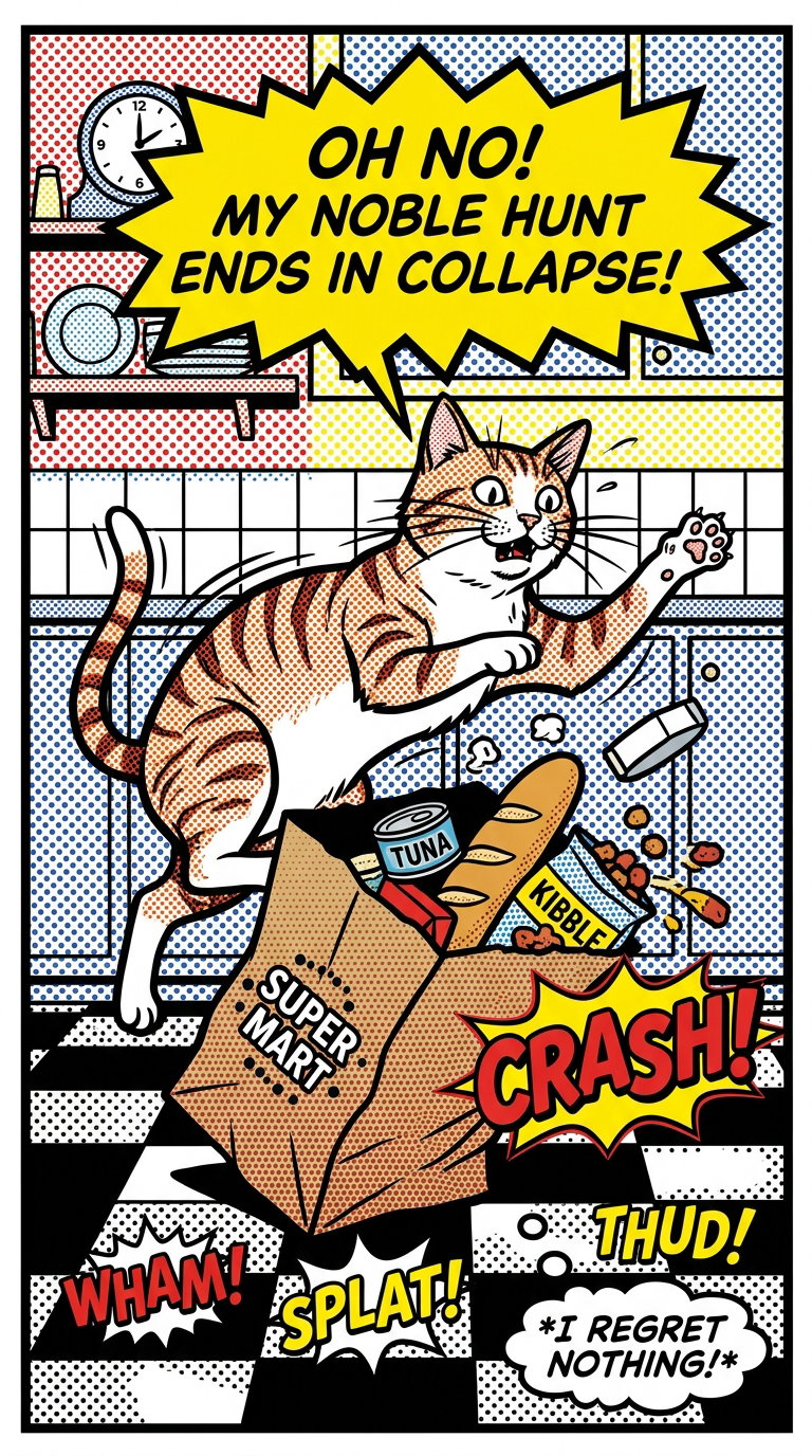 A cartoon cat causing a mess in the kitchen, with food spilling and comic-style sound effects like 'CRASH!' and 'WHAM!'