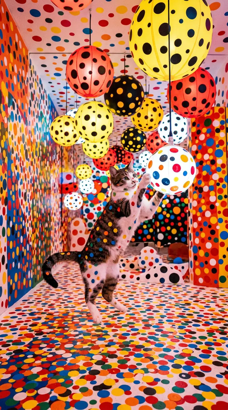A Playful Cat in a Colorful Polka Dot Room