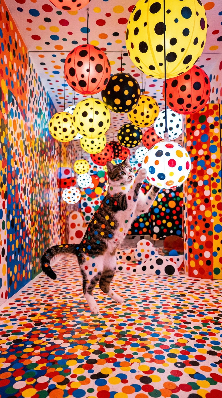 A lively cat jumping amidst colorful polka dot decorations in a vibrant room filled with hanging round lights.