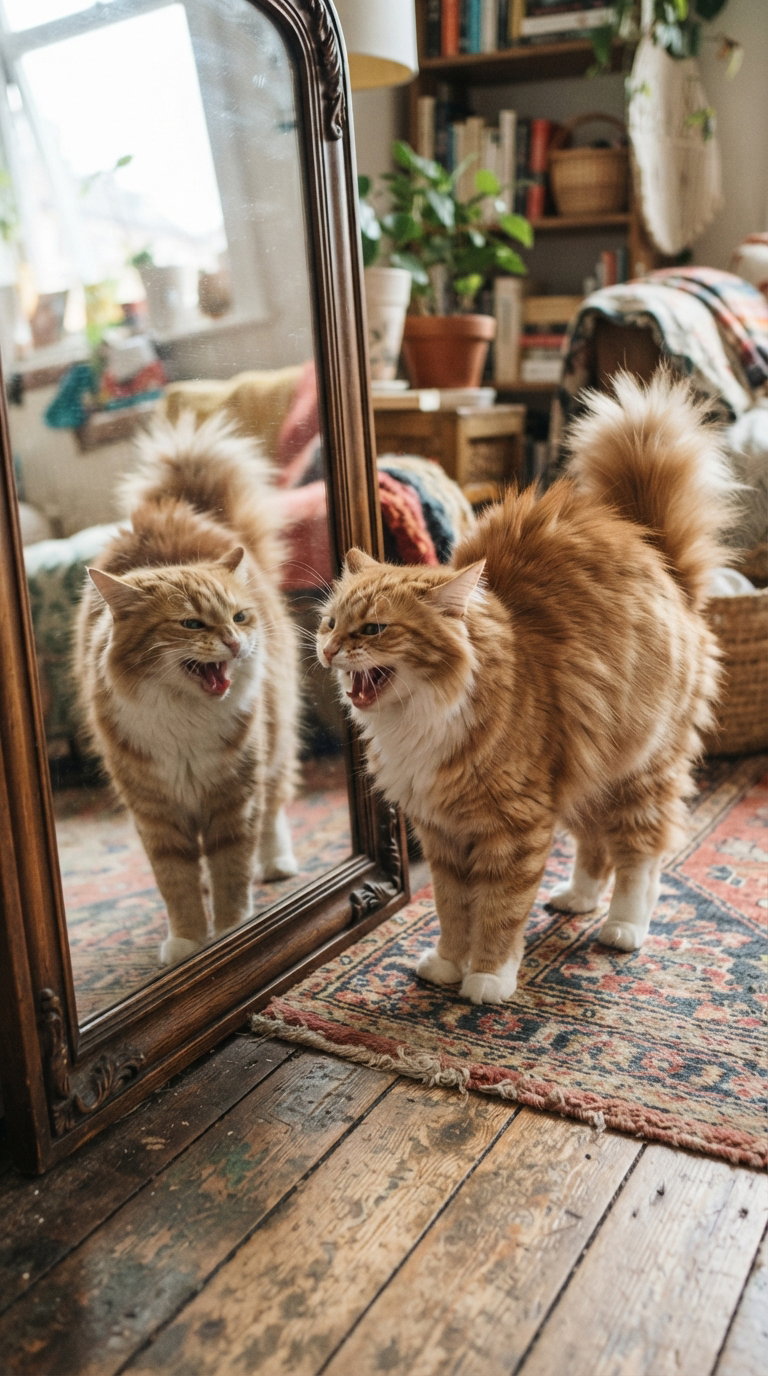 A fluffy ginger cat with a bushy tail is standing in front of a large mirror, appearing to hiss or growl at its reflection. The background features a cozy living space with plants, bookshelves, and patterned rugs.