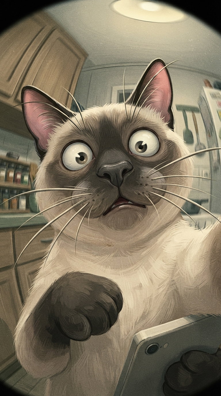 A startled Siamese cat appears to be taking a selfie in a kitchen, captured in an amusing and exaggerated cartoon style.