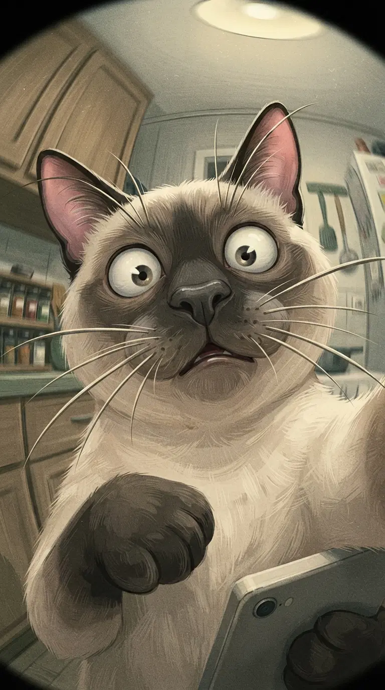 Surprised Siamese Cat Taking a Selfie in Kitchen