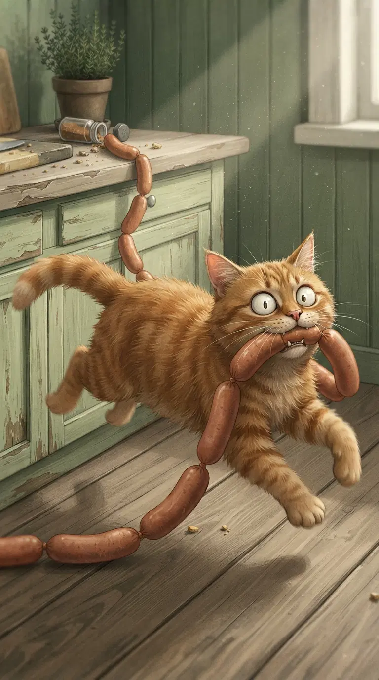 A mischievous ginger cat tangled in sausages