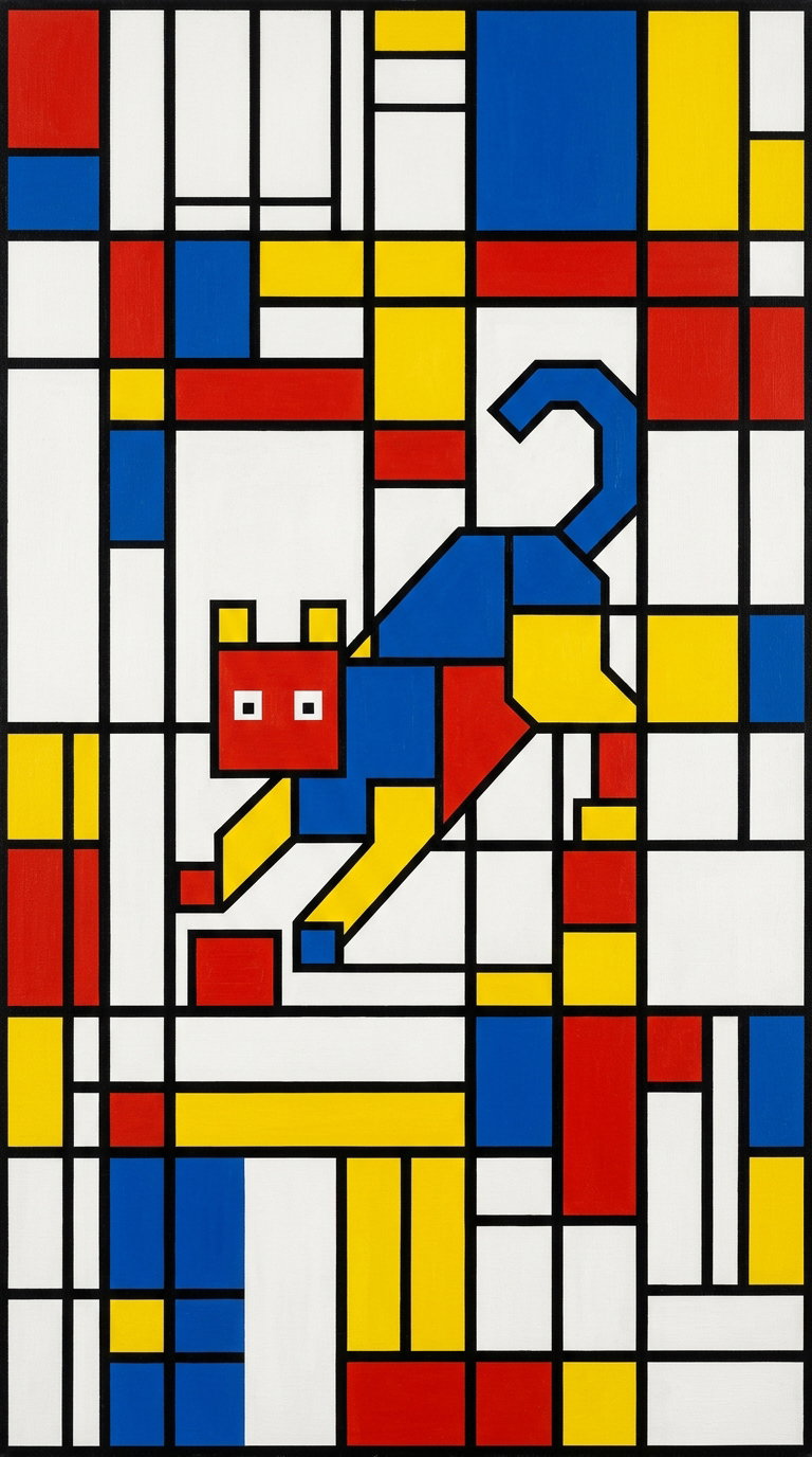 An abstract depiction of a cat using geometric shapes and primary colors, including red, blue, and yellow, set against a grid of white and black lines.