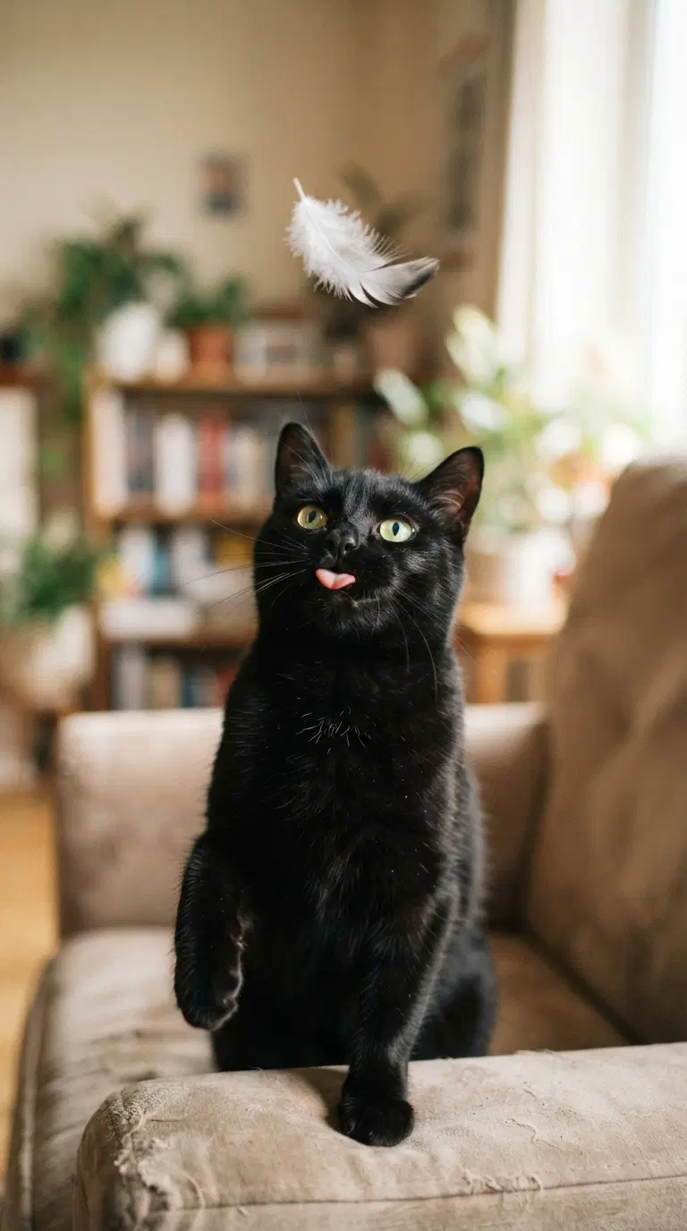 Playful Black Cat Engaging with Feather Toy