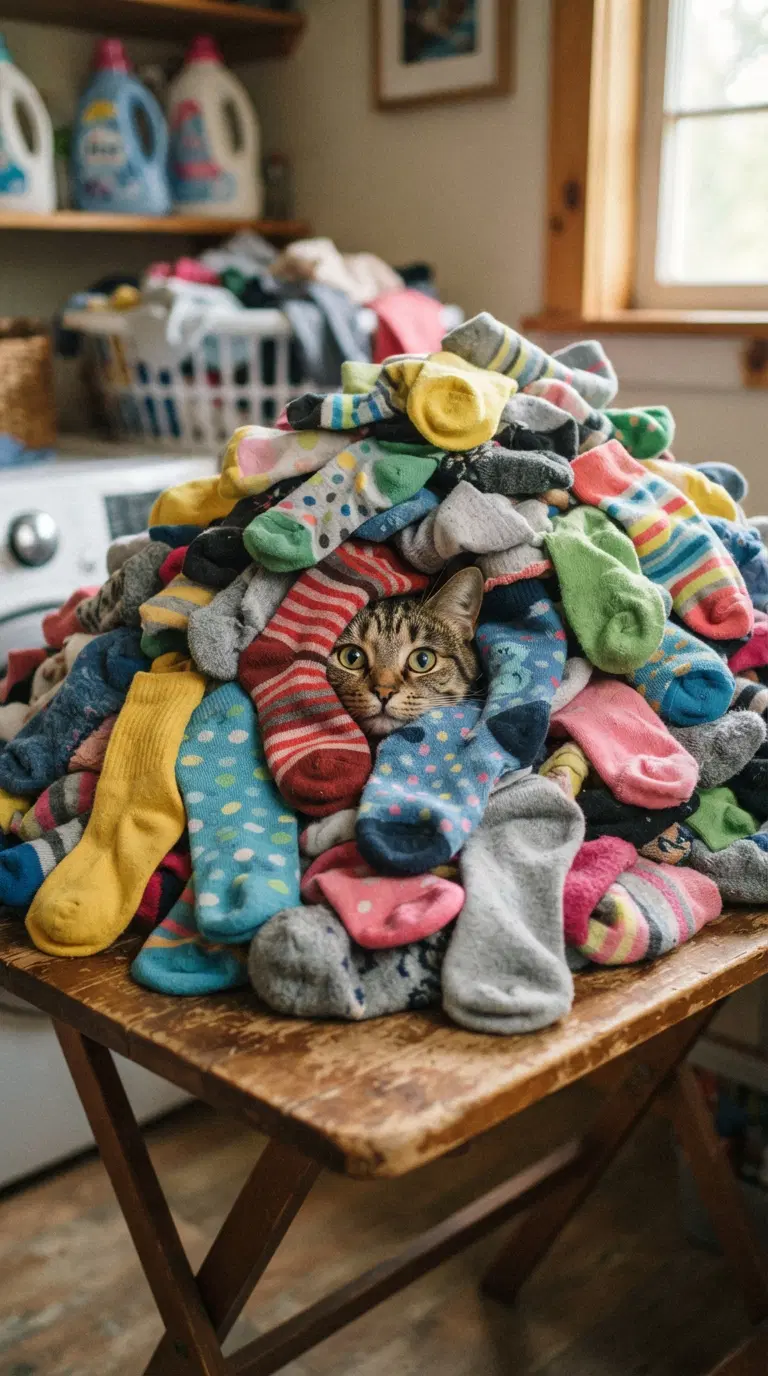 Cat Hiding Among a Pile of Colorful Socks in Laundry Room