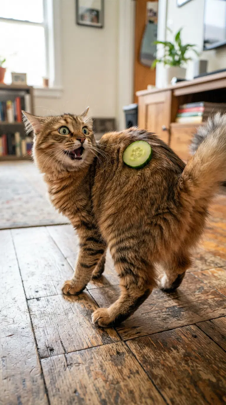 Surprised Cat with a Cucumber on Its Back