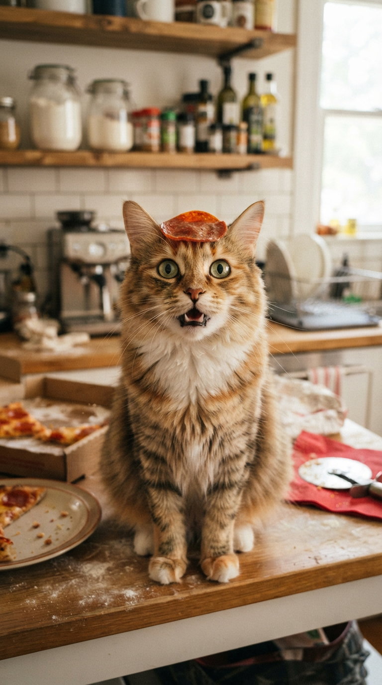 A fluffy orange cat sitting on a wooden countertop, wearing a slice of pizza on its head. The kitchen is cozy, with various ingredients and cooking utensils visible around it.