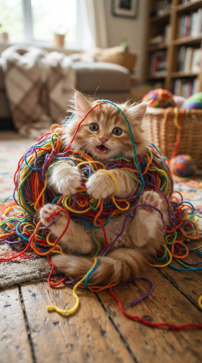 A fluffy ginger kitten tangled in colorful yarn on a wooden floor with a cozy room background.